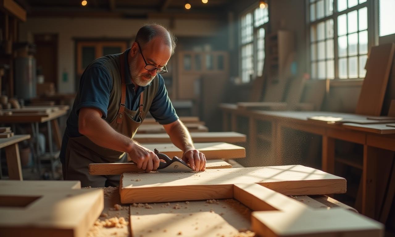 Artisan working on a piece of wooden furniture in a bright workshop