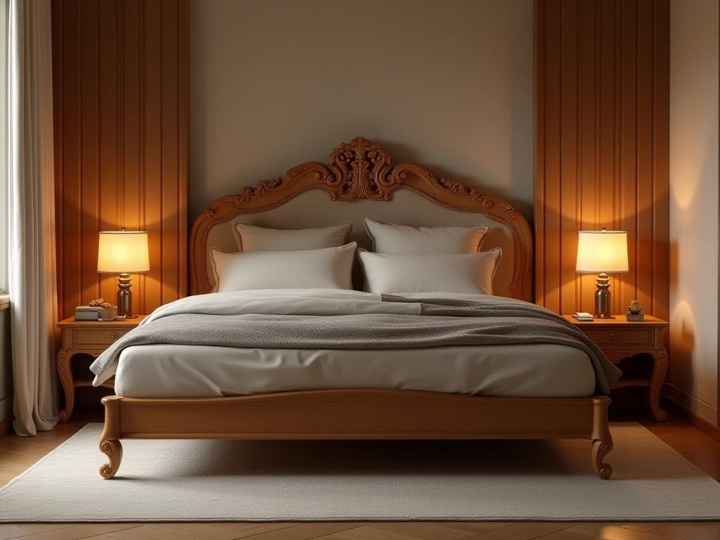 Sandalwood Bed Frame: King-size wooden bed with elegant carved headboard