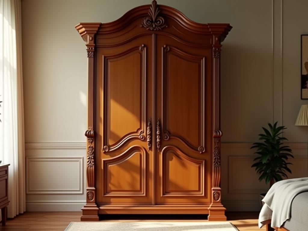 Canopy Wardrobe: Tall wooden wardrobe with a classic canopy design and carved details