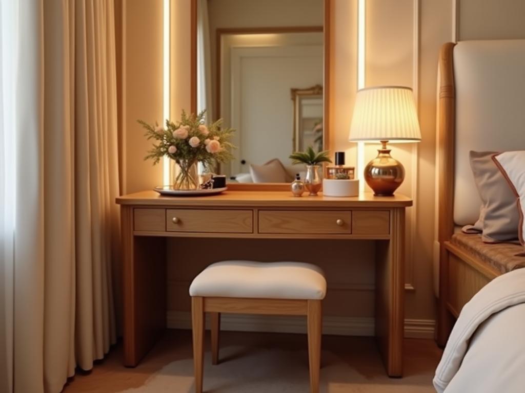 Vanity Table: Wooden vanity table with an integrated mirror and matching stool