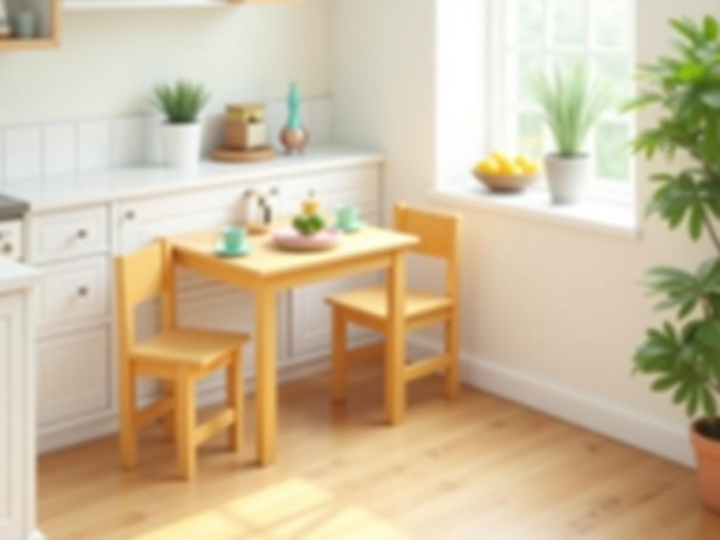 Breakfast Nook Set: Small wooden breakfast nook table with two matching chairs, ideal for kitchens