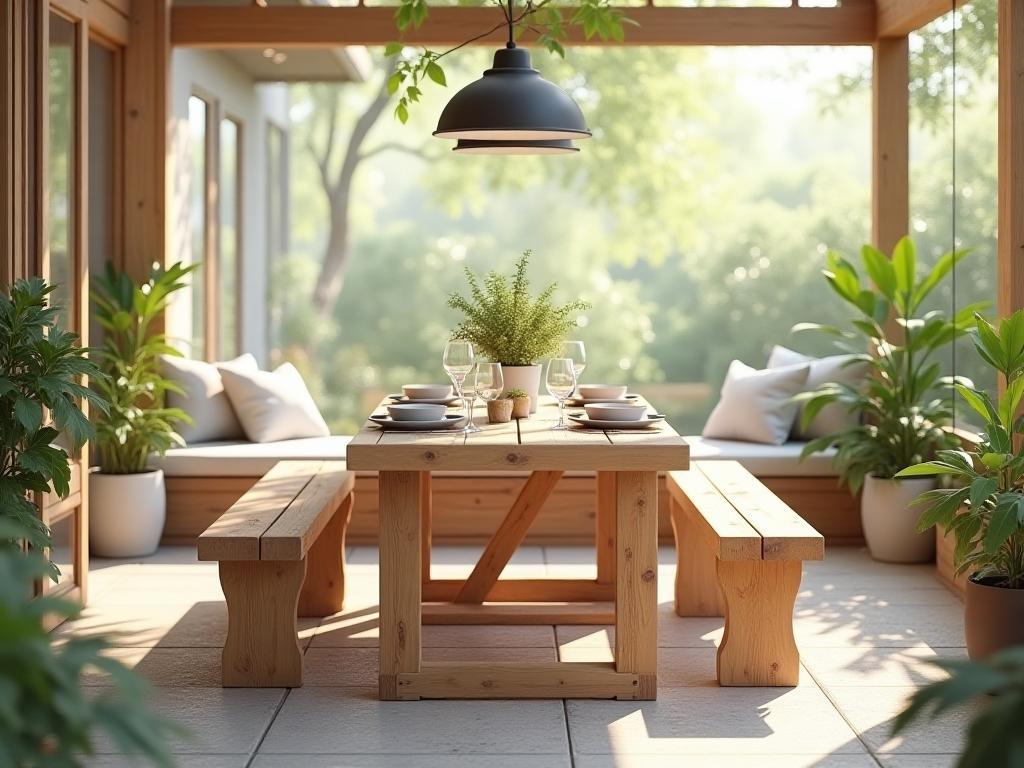 Patio Dining Set (Indoor): Indoor wooden patio dining set with benches for casual dining