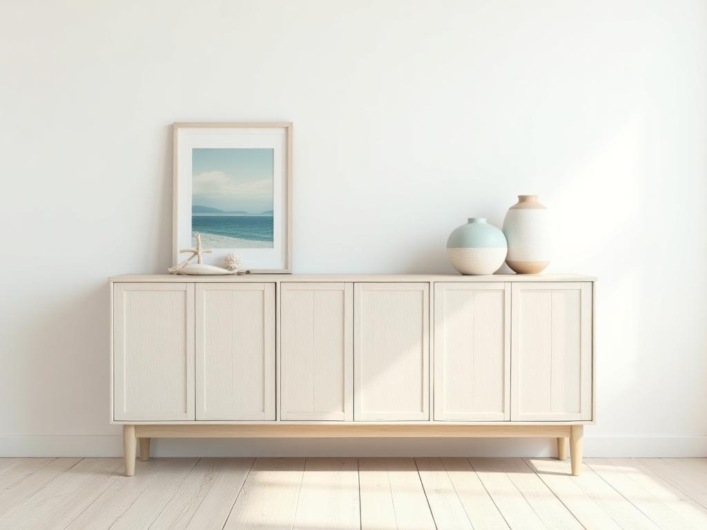Coastal Sideboard: Long wooden sideboard with textured, paneled doors and a light finish