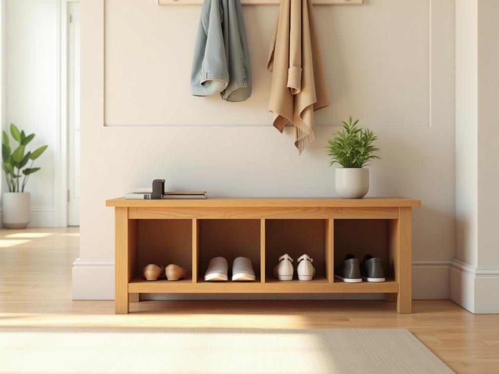 Entryway Bench: Wooden entryway bench with integrated storage compartments for shoes