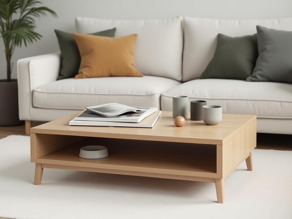 Coffee Table 'Zenith': Low wooden coffee table with minimalist design and open storage