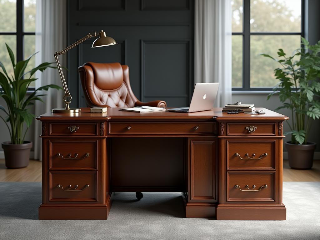 Executive Desk: Spacious wooden executive desk with multiple drawers and a rich finish