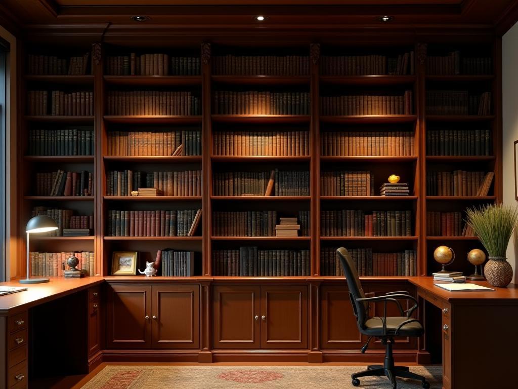 Library Bookcase: Large wooden bookcase with adjustable shelves, filled with books