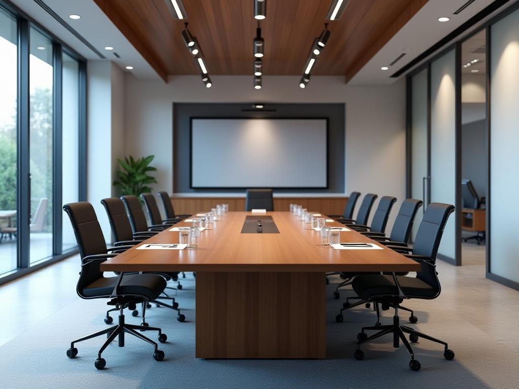 Conference Table 'Unity': Long wooden conference table with a sturdy base in a modern meeting room