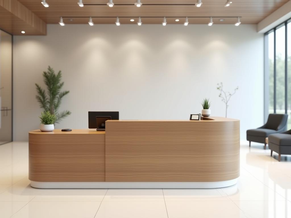 Reception Desk: Modern wooden reception desk with a sleek design for office lobbies