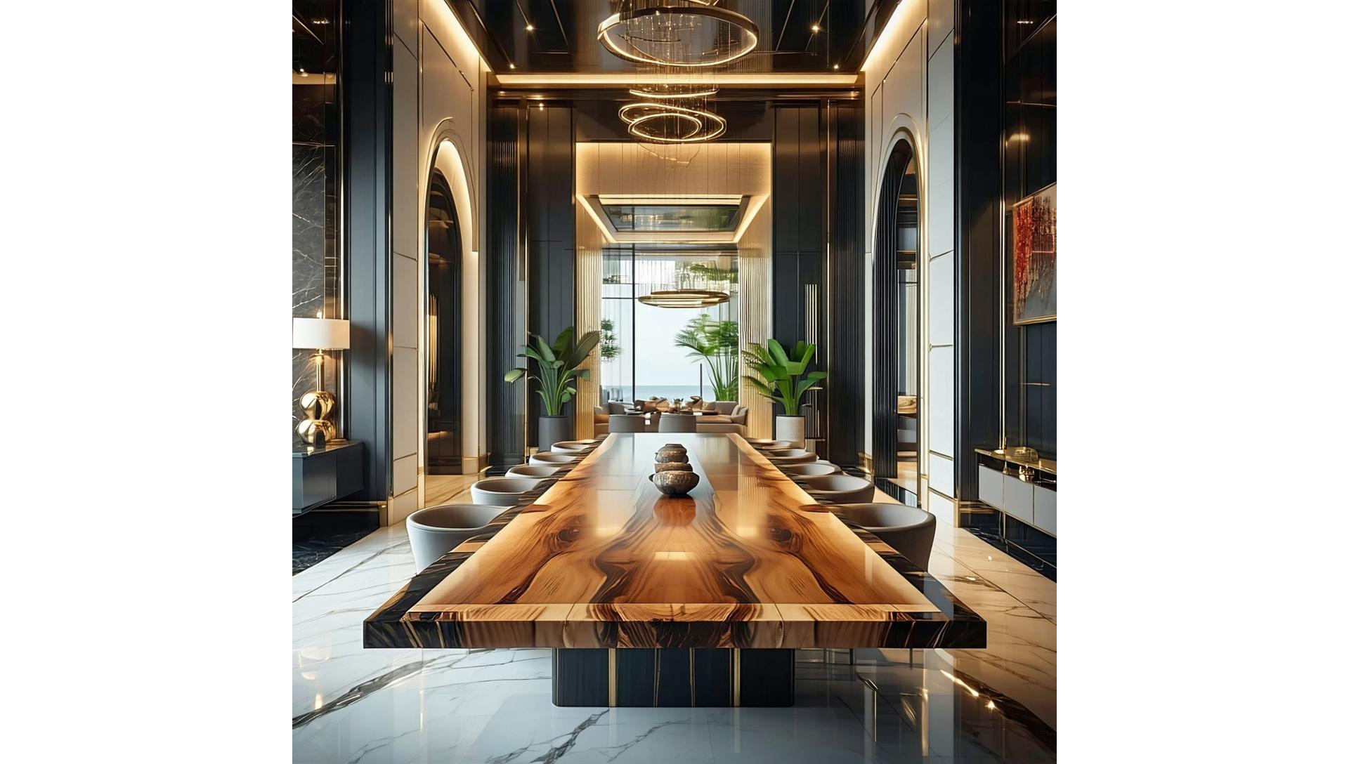 Luxurious custom-made wooden dining table in a modern interior