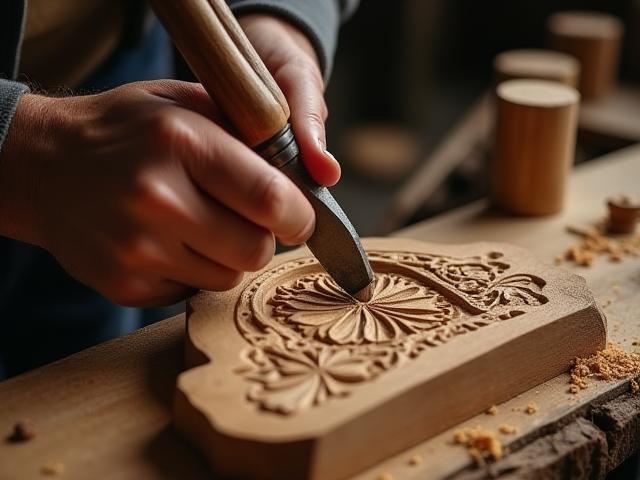 Master artisan carving intricate details into wood with traditional tools