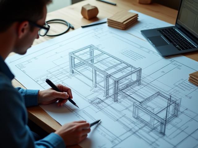 Furniture designer sketching intricate plans on a blueprint