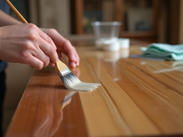 Applying eco-friendly varnish to a newly crafted wooden cabinet